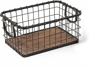 13.8" Wide Rectangular Sturdy Hand Welded Farmhouse Metal Wire Basket with Rustic Wooden Bottom For Shelves, Closet Storage Bins for Shelves. Also For Laundry, Towel, Spice Rack, Tool Box (14"x9")