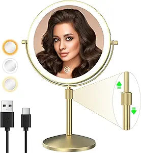 8" Lighted Makeup Mirror, 1X/10X Magnification Mirror with Lights, Double Sided Dimmable Mirrors, Rechargeable & Brightness & Height Adjustable, Cordless Vanity Mirror(Gold)