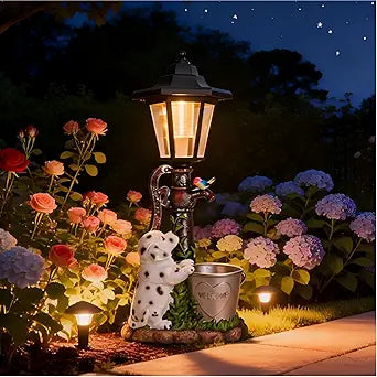 Solar Dalmatian Dog Garden Statue with Light-13 inches - Outdoor Waterproof decor with automatic lightingperfect for Lawn,Patio, Yard-with Bucket & Bird Figurine for Dog Lovers, Mom, Grandma