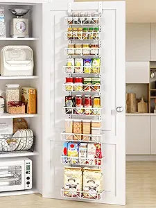 Delamu Narrow 9-Tier Over the Door Pantry Organizer, Adjustable Pantry Storage, Metal Hanging Spice Rack, Cabinet Door Organizer for Kitchen, Bathroom, Laundry Room, 12.5" White
