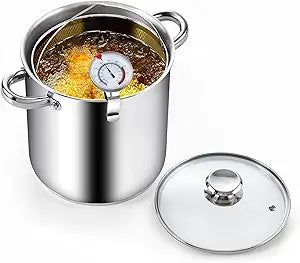 Cook N Home Basics 5-Quart Deep Fryer Pot with Basket, Japanese Tempura Stainless Steel Frying Pot with Temperature Control and Oil Drip Rack, Glass Lid, Suitable for Kitchen French Fries, Chicken