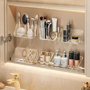 3 Pcs Medicine Cabinet Tray Organizer, Small Adhesive Bathroom Vanity Floating Shelves Storage for Toilet, Mirror, Wall, Countertop, Clear