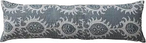 Creative Co-Op Cotton Voile Printed Lumbar Pillow with Hand-Embroidered Kantha Stitch and Chambray Back, Blue and White