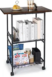 Industrial Kitchen Cart with Rustic Wood Top, Rolling Storage Utility Table, Black Metal Frame, Mesh Basket, Mobile Workstation with Wheels (23.6" D x 12.2" W x 33.1" H)