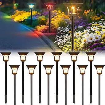 CINOTON 12 Pack RGBCW Solar Pathway Outdoor Lights, 3 Lighting Modes Solar LED Garden Lights, IP65 Waterproof Outside Solar Powered Landscape Lighting for Planter Lawn Pool Balcony RGB/Warm/Cold White