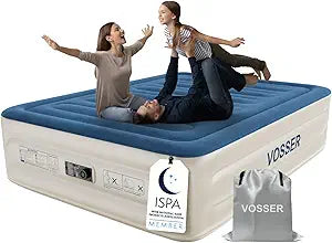 VOSSER Queen Air Mattress with Built-in Pump,18'' Raised Blow Up Mattress, Leak-Proof Air Bed with Storage Bag, Flocked Top Inflatable Mattress for Home, Camping & Guests, I-Beam, Colchon Inflable