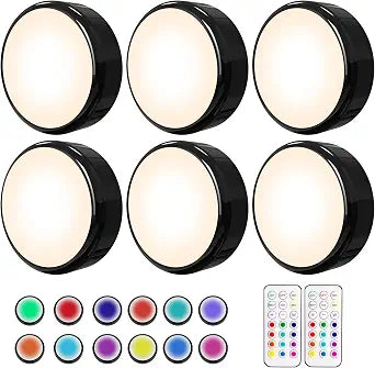 HELPLEX LED Puck Lights with Remote, 6 Pack Color Changing RGBW, Battery Powered, Dimmable Under Cabinet Lighting with Timer & Memory, Wireless Stick-On Lights, Black