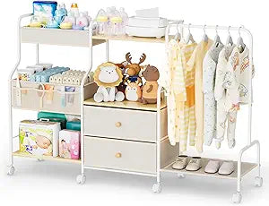 BBLIKE Diaper Caddy Organizer with Hanging Rack - 3 Tier Rolling Utility Cart with Drawers and Dividers for Baby Bottle Storage - Bedside Cart for Changing Station, Crib, Nursery, Bedroom, Beige