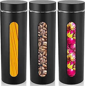 Mimorou 3 Pcs Stainless Steel Canister Set with Glass Windows Visible Storage Jars Silver Kitchen Canister Set for Pasta Flour Oat Sugar Container, Kitchen Tools, Housewarming Gifts(Black,60 oz)