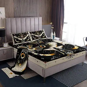 Manfei Dead Moth Fitted Sheet Set Full Size 4 Pcs,Gothic Butterfly Animal Boho Tribal Beige Black Teens Sheets,Exotic Golden Moon Starry Glitter Bedding Sets (1 Fitted,1 Flat,2 Pillowcases)