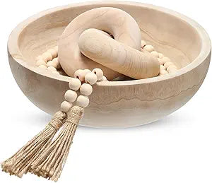Novabright Farmhouse Wooden Decoration Set, Wooden Handmade Bowl, Chain, Beads, Suitable for Home, Bohemian, Coffee Table, Bedroom, Bathroom(Natural Color)