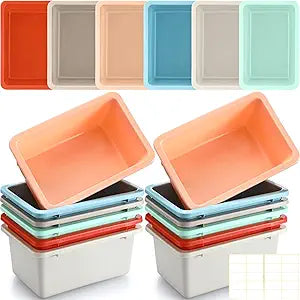 Thyle 12 Pieces Plastic Cubby Bins with Labels 11.6 x 7.7 x 5 Inch Classroom Book Bins Stacking Storage Container Organizer Storage Cubbies for Classroom Office (Minimalist,Retro Color)