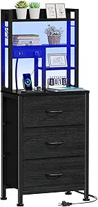 Furnulem Tall Night Stand with 3 Fabric Drawers and LED Lights, Nightstand with Bookshelf, 45.3inch Tall Bedside Tables with USB Ports in Bedroom, Dorm, Office,Metal Frame, Wood Shelves (Black Oak)