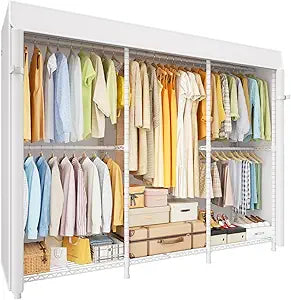 ULIFHOME E14C Pro Heavy Duty Closet Organizer SystemFreestanding Clothing Racks for Hanging ClothesAdjustable Garment Rack 69" W  16" D  77" H Hold 960 lbsWhite Rack with White Dustproof Cover