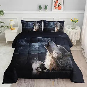 Datura home Storm Wolf Kids Comforter Bedding Set for Boys Girls,Watercolor Wolf Dark Clouds Wild Animal Comforter with 2 Pillowcases(Storm Wolf Twin)