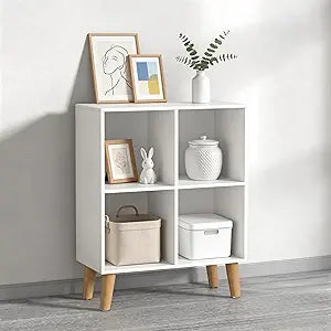 4 Wooden Cube Storage Organizer with Legs,Two Tier Cube Bookcase Freestanding Storage Organizer Open Shelf Short Bookshelf for Bedroom, Living Room, Home Office (4 Cube,White)