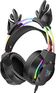 Gaming Headset with Microphone, Deer Ears Headphones for PC Laptop PS4 PS5 Xbox Switch, Rainbow RGB Lighting & Virtual Surround Sound, 3.5mm Over Ear Headphones, Ergonomic