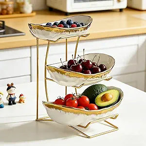 YYW 3 Tier Ceramic Fruit Bowl for Kitchen Counter with Gold Metal Fruit Stand, Fruit Rack for Snacks, Nuts, Cakes, Desserts, Bread, Candy Storage (Gold)