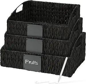 Rattan Storage Basket, Handwoven Wicker Basket for Storage with Built-in Handles, Pantry Baskets for Shelves, Bedroom, Bathroom, Laundry Room or Kitchen(Black)