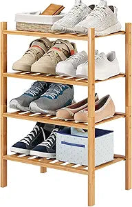 Small Shoe Rack, 4-Tier Bamboo Stackable Shoe Shelf Storage Organizer, Shoe Stand for Closet, Entryway and Hallway