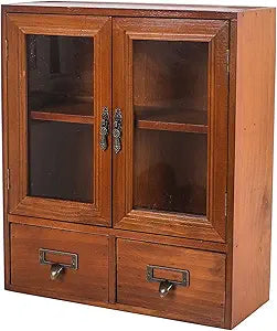 Rustic Apothecary Cabinet - 12" L x 4.7" W x 14" H Vintage Pine Countertop Cabinet with 2 Shatterproof Clear Doors & 2 Drawers, Small Spice Organizer for Kitchen, Bathroom, Office (Brown)