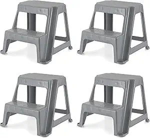 Gracious Living 16-Inch Tall Plastic 2 Step Stool, Portable Dual Step Ladder Foot Stool for Kitchen, Bathroom, Bedroom, and Garage, Gray (4 Pack)