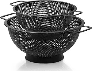 2PCS Black Colander for Kitchen, 3QT and 5QT, Stainless Steel Pasta Strainer with Handle, Pasta Strainer for Fruits Vegetables Cooking Food, Dishwasher Safe