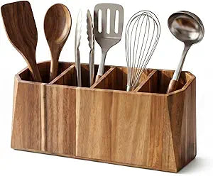 Large Kitchen Utensil Holder for Countertop  Acacia Wood Utensil Organizer with 4 Compartments, Beveled Edges Design, Non-Slip Silicone Pads & Drain Hole  Rustic Farmhouse Utensil Caddy Crock