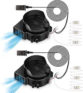 2 Pack Air Blower Fan for Inflatables, 12V 0.8A Replacement Blower Fan with 1.0A Adapter and 3 LEDs Bulbs Light for Halloween and Christmas Inflatables (IP68 Waterproof, 4500RPM, 3.8 * 3.8'')