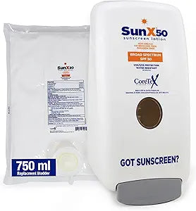 CoreTex Sun X 50 750mL Sunscreen Lotion Bladder & Wall Mount Dispenser - Paraben, Oxybenzone, Octinoxate, & Oil Free - Broad Spectrum (UVA/UVB) Sunscreen - Water Resistant Up to 80 Minutes