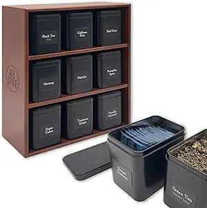 AllSpice Tea Organizer Rack with 9 Tins & 160 Magnetic Labels  Perfect for Bagged & Loose Leaf Tea Organization - Walnut