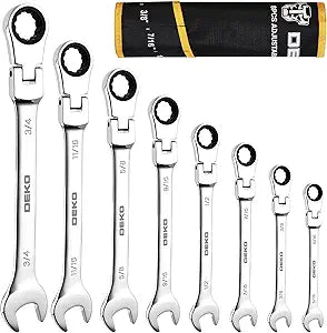 DEKOPRO 8-PC Flex Head Ratcheting Wrench Set SAE 5/16'' to 3/4'', 72-Tooth Cr-V Combination Wrenches with Portable Pouch for Mechanics & Home Maintenance