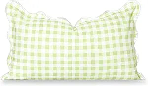 Hofdeco Premium Grandmillennial Coastal Hampton Patio Indoor Outdoor Lumbar Pillow Cover Only, 12"x20" Water Repellent for Backyard, Couch, Poolside, Grass Green Print Gingham