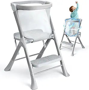 Toddler Tower with Safety Net, 2-Steps Step Stool Standing Tower with Anti-Drop Safty Railing for Kitchen Counter Bathroom Sink Learning, Kitchen Helper for Kids Ages 3 to 6 Years