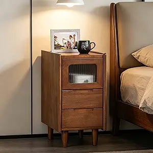 Narrow Nightstand 2 Drawers & Glass Door Cabinet with Open Shelf Narrow Night Stand Solid Wood Bedside Table Mid Century Modern Nightstand Wooden End Table for Bedroom, Living Room, Study, Office