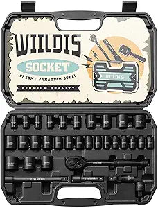 WIILDIS Impact Socket Set, 33-Piece, 3/8" Drive Socket Set with 72 Teeth Reversible Ratchet Wrench, CR-V, 6 Point, SAE/Metric, 5/16 Inch - 7/8 Inch, 6mm - 24mm, Mechanic Tool Kits for Men
