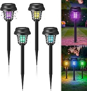 4 Pcs Solar Bug Zapper Outdoor Waterproof Mosquito Repellent Light Solar Power Fly Killer Lamps for Moths, Gnats, Fly, Small Flying Insect Backyard Garden Lawn (Plastic,Purple & Colored Light)