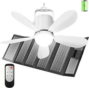 21 Solar Ceiling Fan Light with Foldable Solar Panel, Portable Solar Camping Fan Light Outdoor with Remote, Battery Operated Canopy Hanging Fan, for Outside Tent Porch Patio RVs Pergola