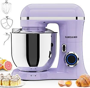 SAMSAIMO 3-IN-1 Electric Stand Mixer, 10-Speed With Pulse Button, Attachments include 6.5QT Bowl, Dough Hook, Beater, Whisk for Most Home Cooks (Purple)
