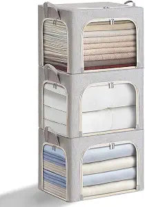 combocube 3-Side Zippered Openings Clothes Storage Bins with Thick Metal Frame, Stackable & Foldable Clothing Storage Bins with Lid, Linen Fabric Closet Storage Box with Large Clear Window, 3 Pack