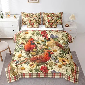 Erosebridal Red Cardinal Comforter Set Wild Animals Floral Bed in A Bag Vintage Geometric Plaid Bedding Sets 7 Pcs Queen(1 Comforter,2 Pillowcases,1 Flat Sheet,1 Fitted Sheet,2 Throw Pillow Covers)