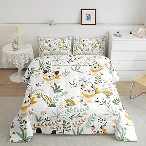 Homewish Cartoon Dog Comforter Set Queen Size,Kawaii French Bulldog Family Puppy Pet Bedding Set for Women Adult,Cute Animal Boho Floral Plant White Luxury Bed Duvet Insert, 2 Pillowcases