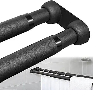 Wall Mounted Double Shower Curtain Rod for Bathroom, Adjustable 27" to 90" Heavy Duty Rustproof Black Double Shower Rod, Easy Installation for Shower Room Dry-Wet Separation