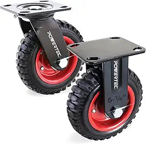 POWERTEC 6 Inch Caster Wheels Set of 2 (1 Swivel & 1 Fixed), Heavy Duty Casters w/Rubber Knobby Tread for Workbench, Dolly, Cart, Trolley, Wagon, Toolbox and Chicken Coop, Large Castor Wheels (17056)
