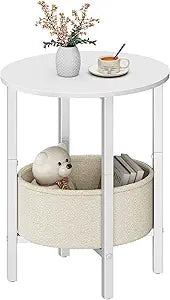 Vagusicc Round Side Table End Table with Storage Basket, Small Side Table Round Nightstand for Small Spaces, Tall Oval End Table with Steel Frame, Coffee Bedside Table for Living Room Bedroom, White