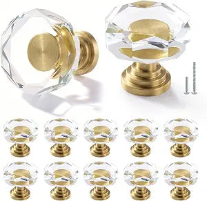 12 Pack 1-1/4 Inch Glass Crystal Cabinet Knobs, Brass Polygon Drawer Pulls