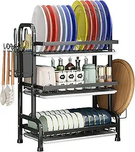 Dish Drying Rack,Dish Racks Drainer,Over The Sink Dish Drainer Drying Rack 3 Tier with Drain Tray,Chopsticks Rack,Knife Holder