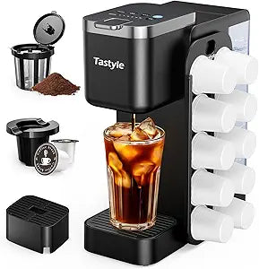 Tastyle Hot & Iced Coffee Maker with Magnetic K-Pod Organizer (Pods Not Included), Stores 10 Pods, 4-5 Cups Coffee Maker & Single-serve Brewer for K Cup & Grounds, 40oz Removable Water Tank, Black