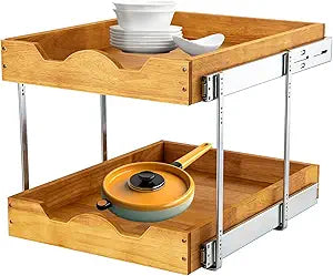 DINDON 2 Tier Wood Pull Out Cabinet Organizer (17" W x 18" D) Heavy-Duty Metal Sliding Drawer Shelf, Two Tier Pull Out Shelves for Kitchen Cabinets, Pantry, Bathroom