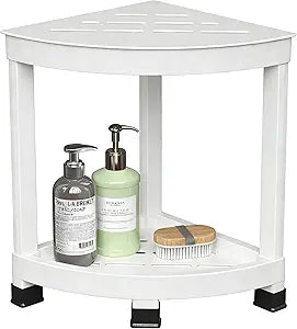 GallopFun Corner Shower Stool for Inside Shower, Waterproof Shower Bench for Shaving Legs, Plastic Anti-Fracture Shower Seat/Foot Rest with Baffle Storage Shelf, Rapid Assembly DIY Shelf (White)